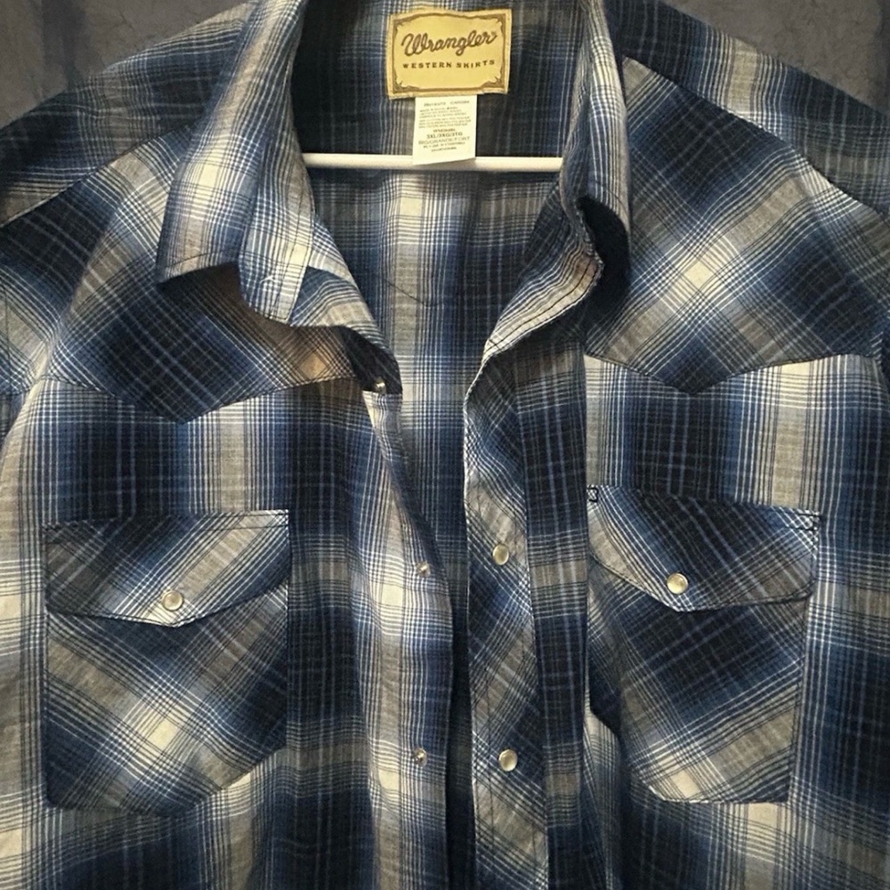 Wrangler Blue Plaid Snap Button Shirt Men’s 3XL Big Tall Short Sleeve Western